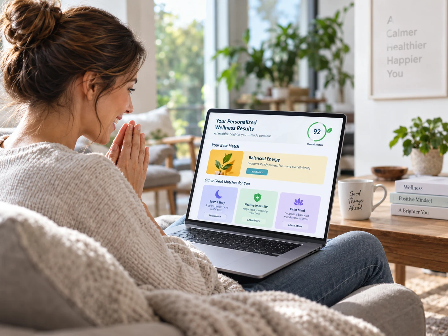 Woman viewing her personalized wellness results on a laptop in a bright modern home