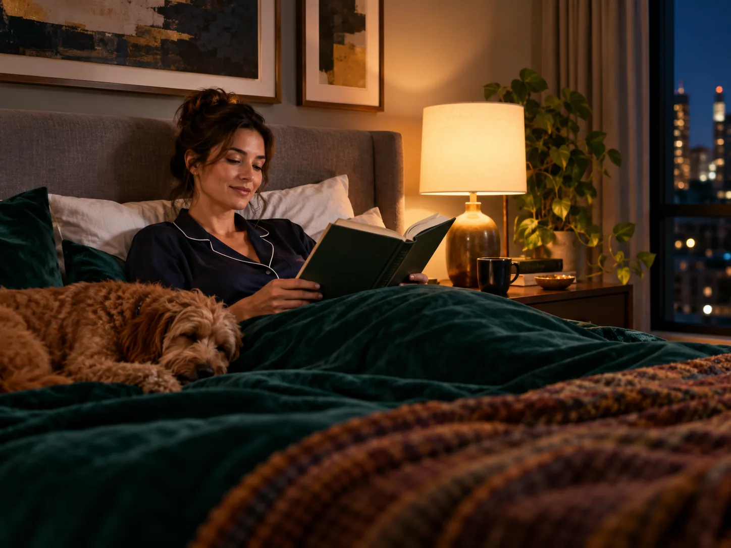 Woman relaxing with a book as part of a calm bedtime routine